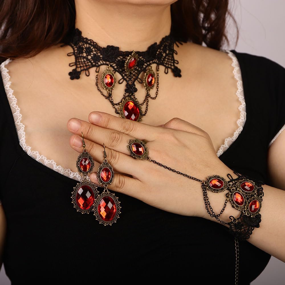 Missgrace Boho Punk Black Tassels Lace Red Crystal Choker Necklaces Earrings Bracelet Set Gothic Accessories Halloween Gothic Punk Black Beads Necklace Earrings Bracelet Set for Women - Image 3