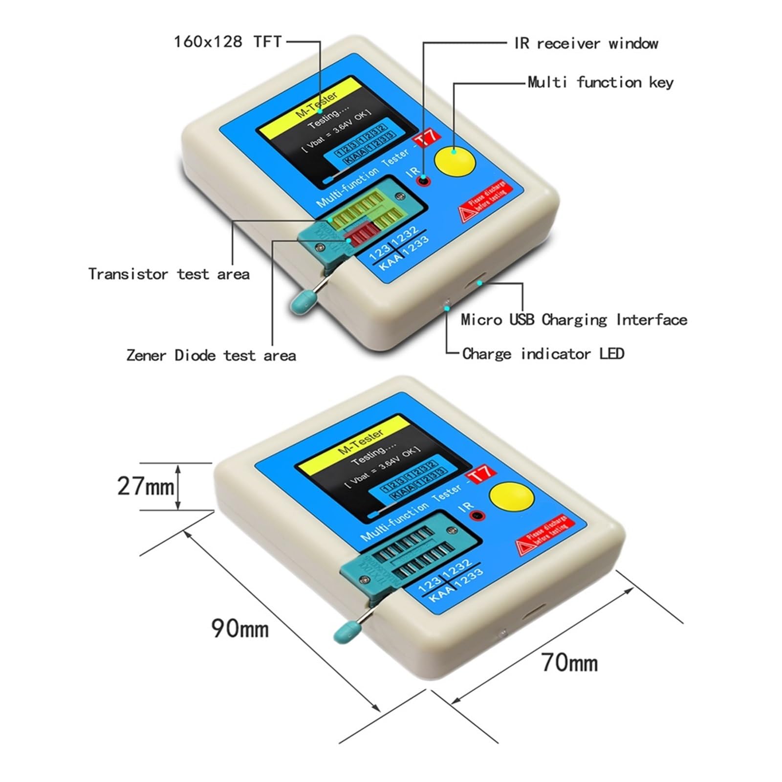 LCR-TC1 1,8 "pantalla TFT LCD Multímetro Probador De Transistores Diodo Triodo Condensador Resistencia Medidor Prueba MOSFET NPN PNP Triac MOS Análisis Detección Preciso Exhaustivo(LCR-T1 AND LCR-T7)
