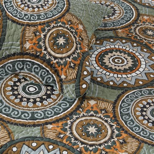LEAONME 3 Pieces King Size Olive Green Quilt Set Lightweight Oversized Bedspread 98''x106'' Soft Microfiber Floral Coverlet Luxurious Warm Bed Cover for All Seasons (1 Quilt, 2 Pillow Shams)