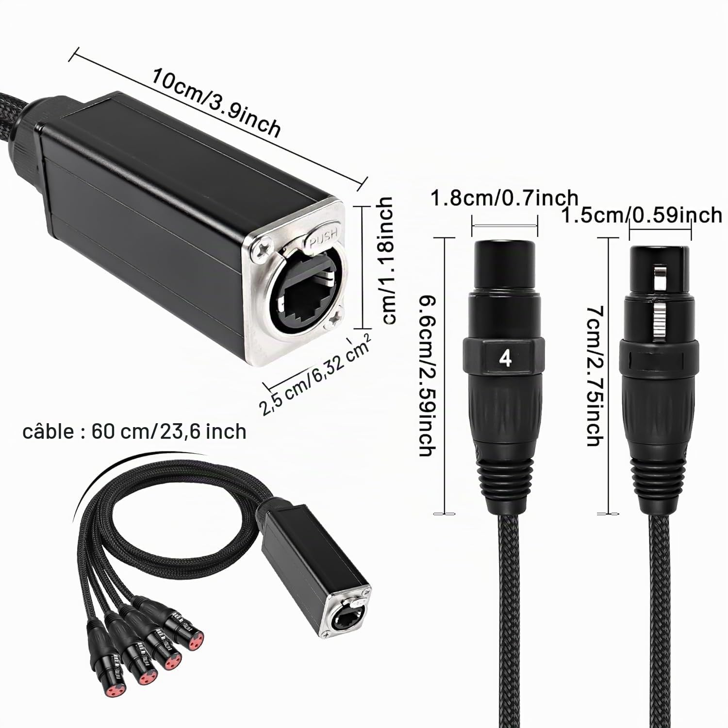 XMSJSIY Lot de 2 rallonges XLR 4 canaux 3 broches vers câble Ethercon pour DMX512 XLR mâle/femelle vers RJ45 femelle sur câble tressé Cat5/6/6e