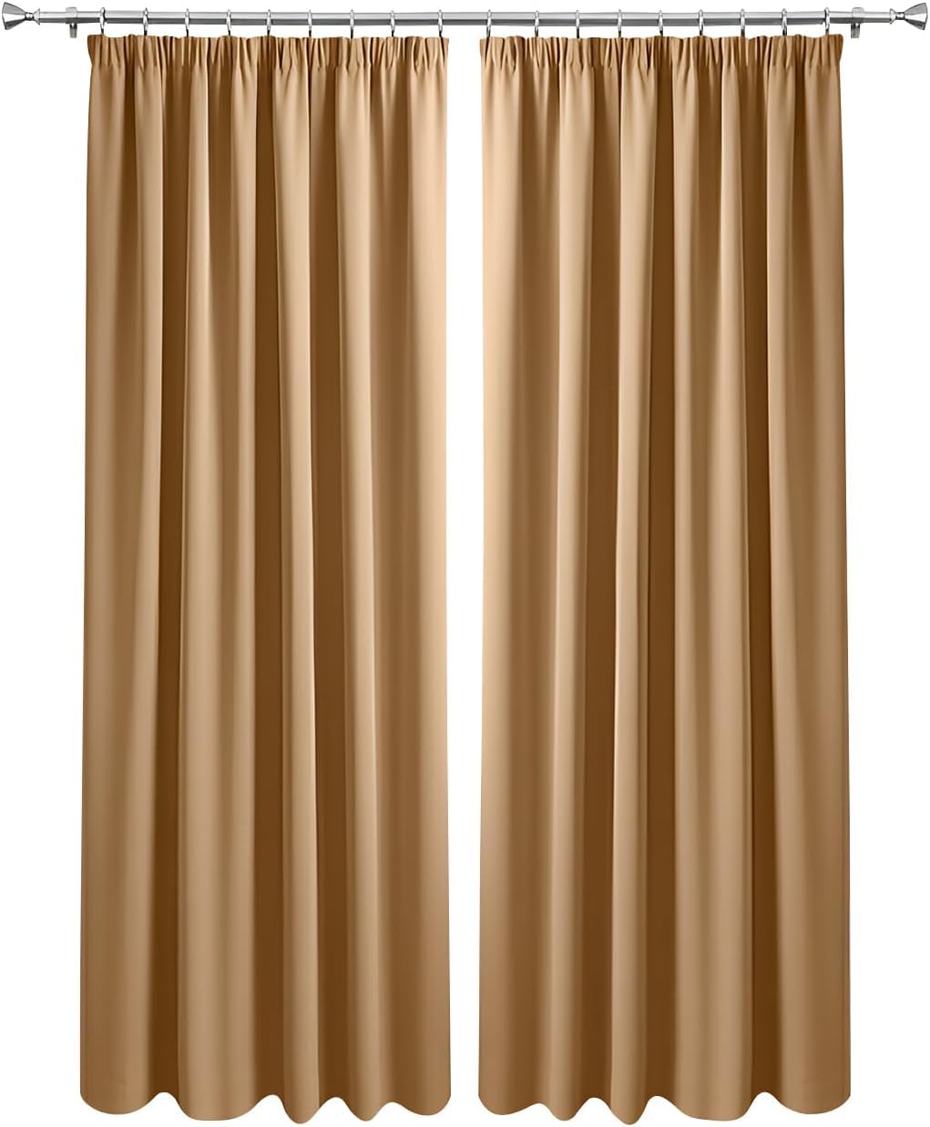 Imperial Rooms Blackout Pencil Pleat Curtains for Bedroom 66 x 84 Drop Inch Beige Curtains Thermal Insulated Door Curtain, 2 Panels with Tiebacks