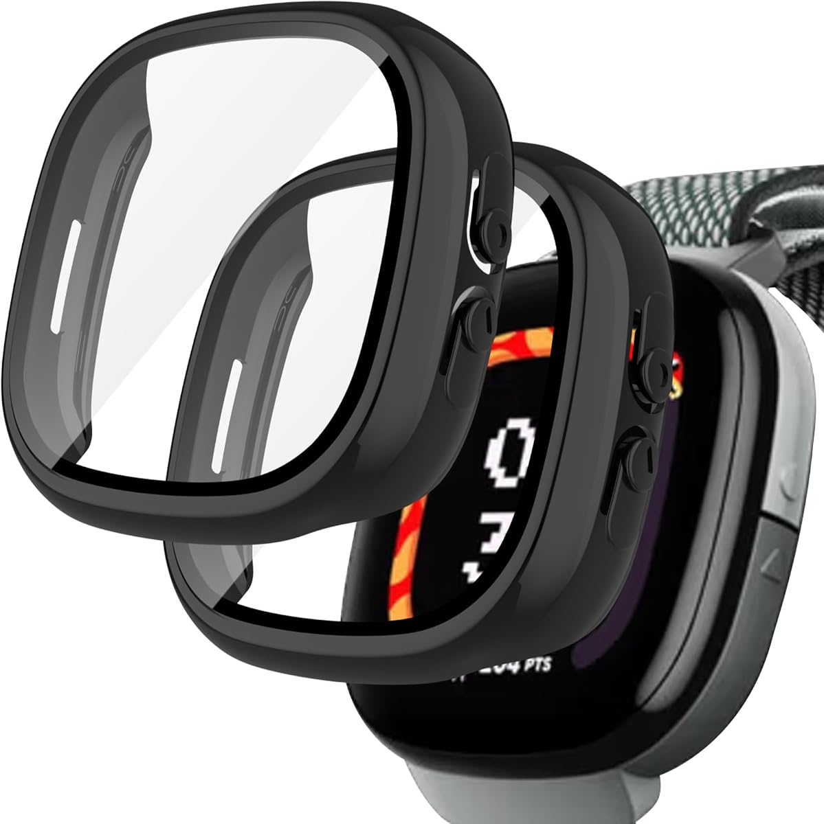 Paquete de 2 protectores de pantalla compatibles con Fitbit Google Ace LTE, pantalla protectora de vidrio templado, cubierta de PC dura completa, parachoques compatible con reloj inteligente Fitbit Google Ace LTE (negro+negro)