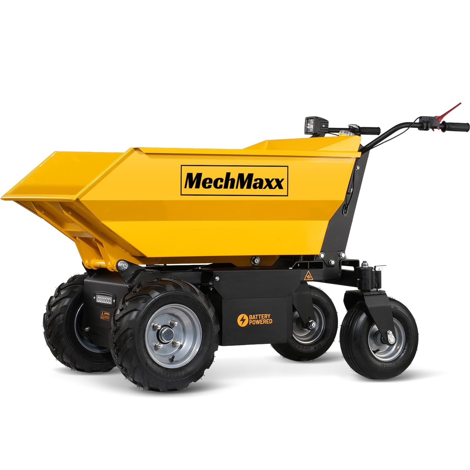 MechMaxx 1100Lb Loading 48V Battery Powered Wheel Barrow Electric Dumper Cart with 30W Light, Hydraulic Tipping, 1000W Brushless DC Motor, LED Display Screen, Model EH50 Yellow