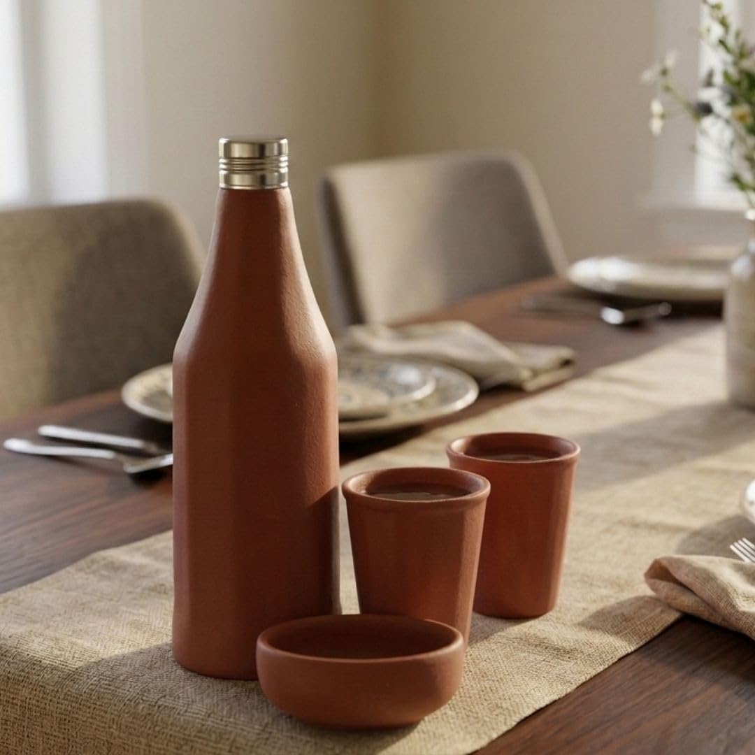 Handmade Terracotta Water Bottle with 2 Glasses and 1 Bowl Set – 1 Litre Natural Clay Flask with Leak-Proof Metal Cap – Eco-Friendly, Pehel design, Self-Cooling Alkaline Water Storage Set 3