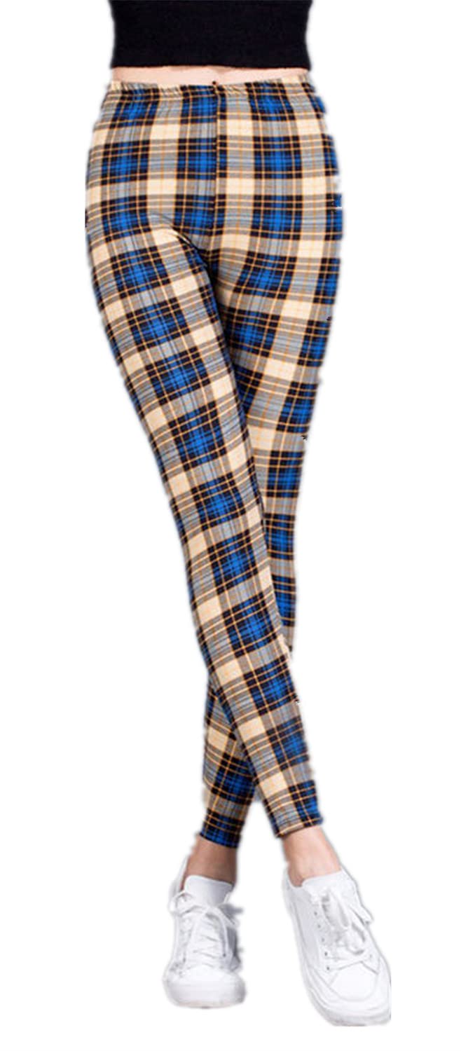 Fioeyr Womens Red Tartan Check Print Elacticated Ladies Full Length Long Leggings Skinny Stretchy Pants Trousers