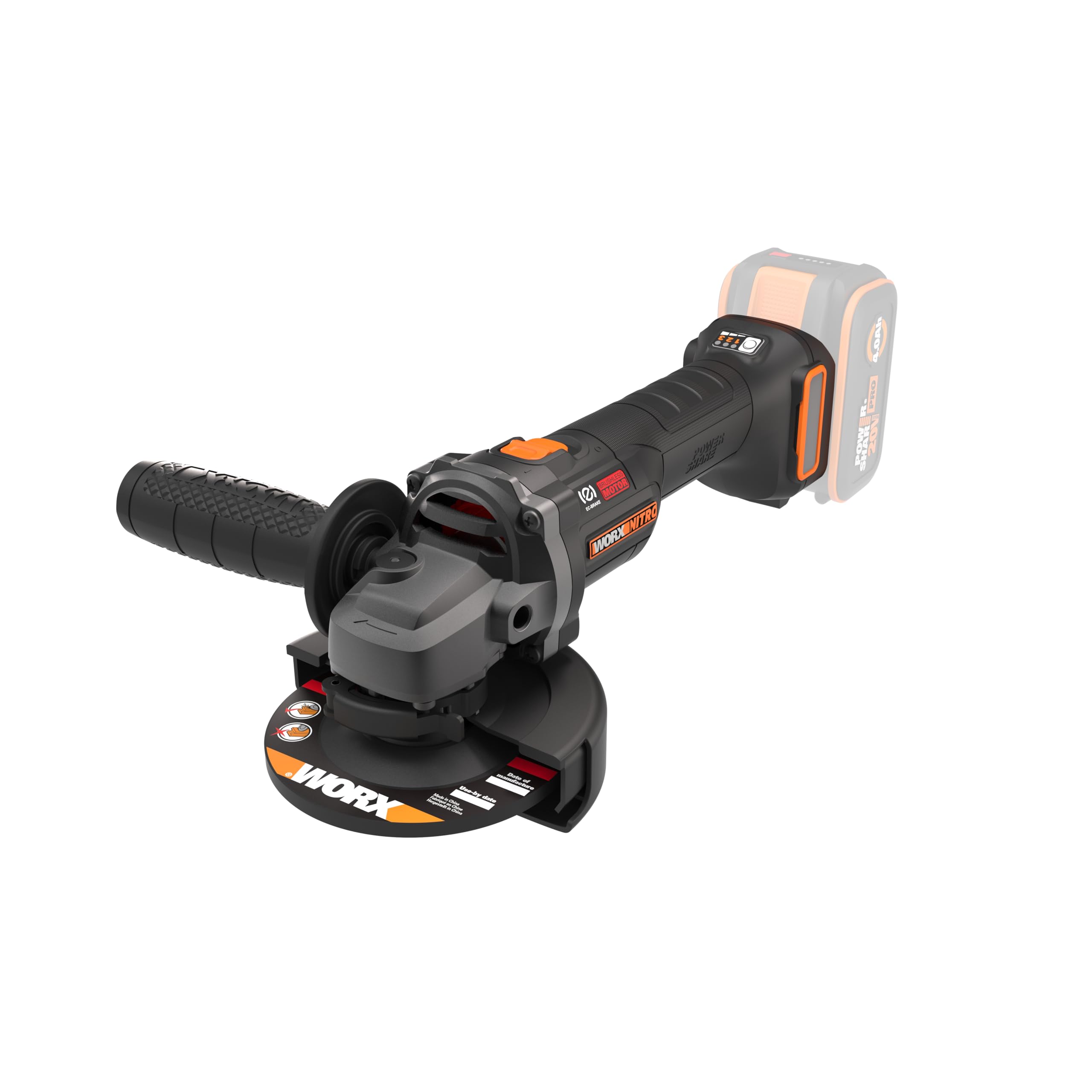 WORX WX815.9 Amoladora a batería 20V, 115mm, corte 50% más rápido, equivalente a 1000W de potencia, sin batería ni cargador, para reparaciones, metal y piedra, uso intensivo.