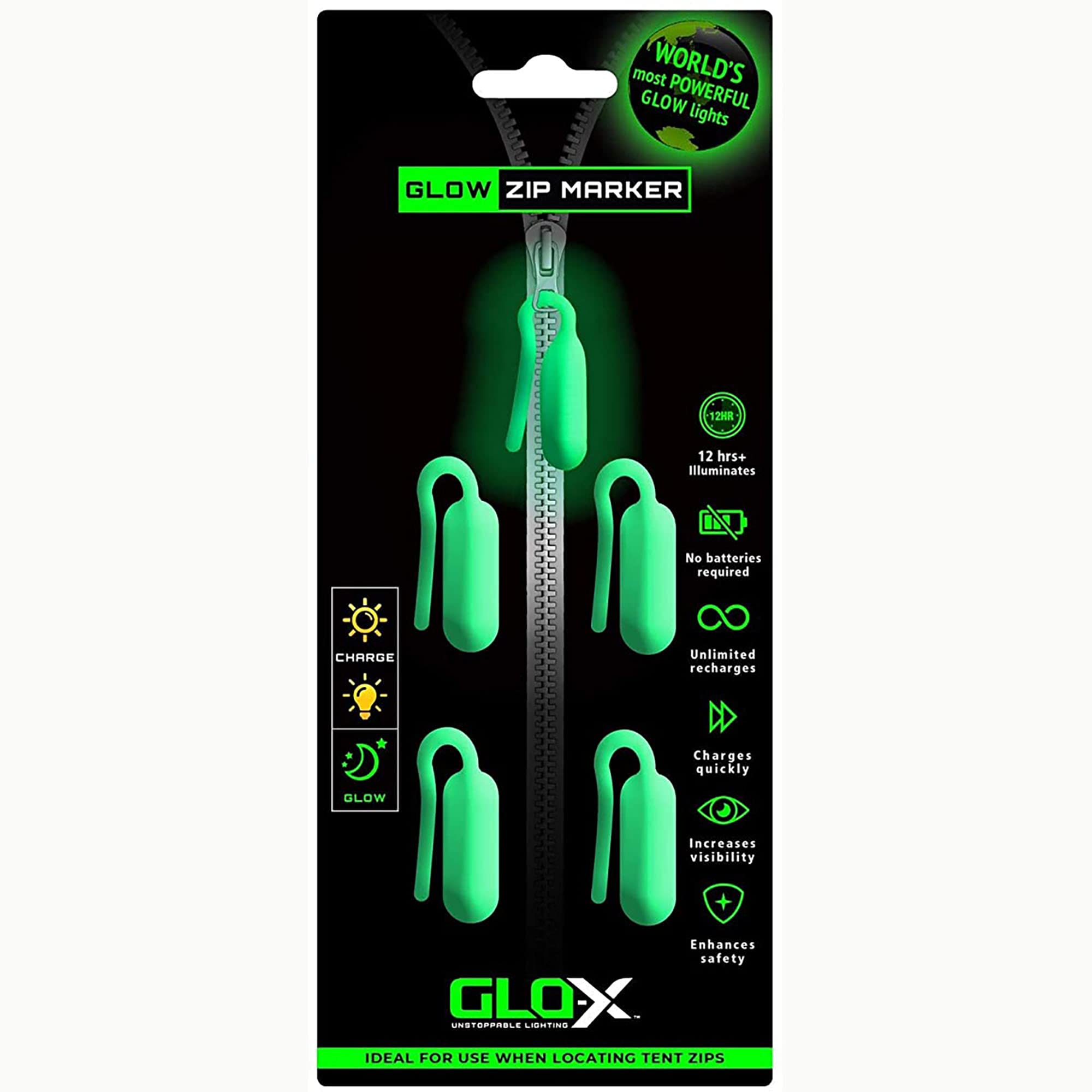 GLO-X Glow Zipper Pulls - Pack of 12 - Luminous Glow in The Dark Zip Pull Extension Tag Camping Accessories for Tent Backpacks Luggage Jackets Purses Handbags. 12+ Hours Fluorescent Glow