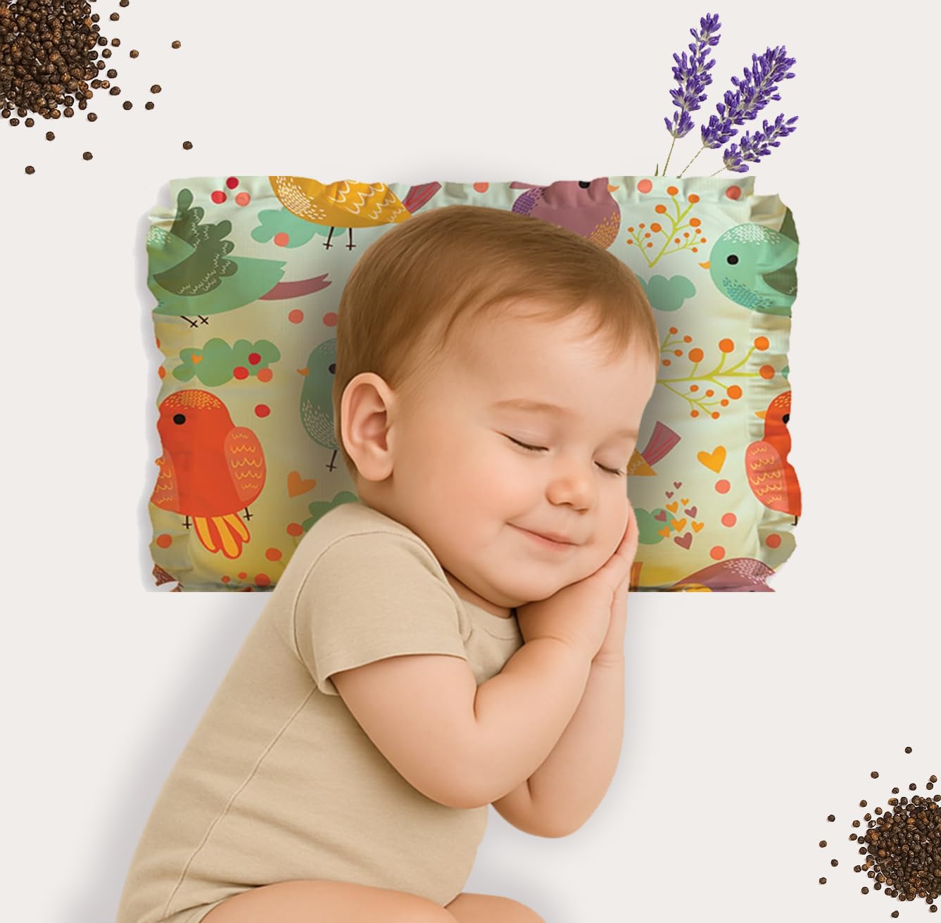 Novo Baby Rai Mustard Seeds Pillow with Lavender, Baby-Round Head Shaping Baby Pillow,Neck Support Pillow Gifting 0-12 Months (Green)