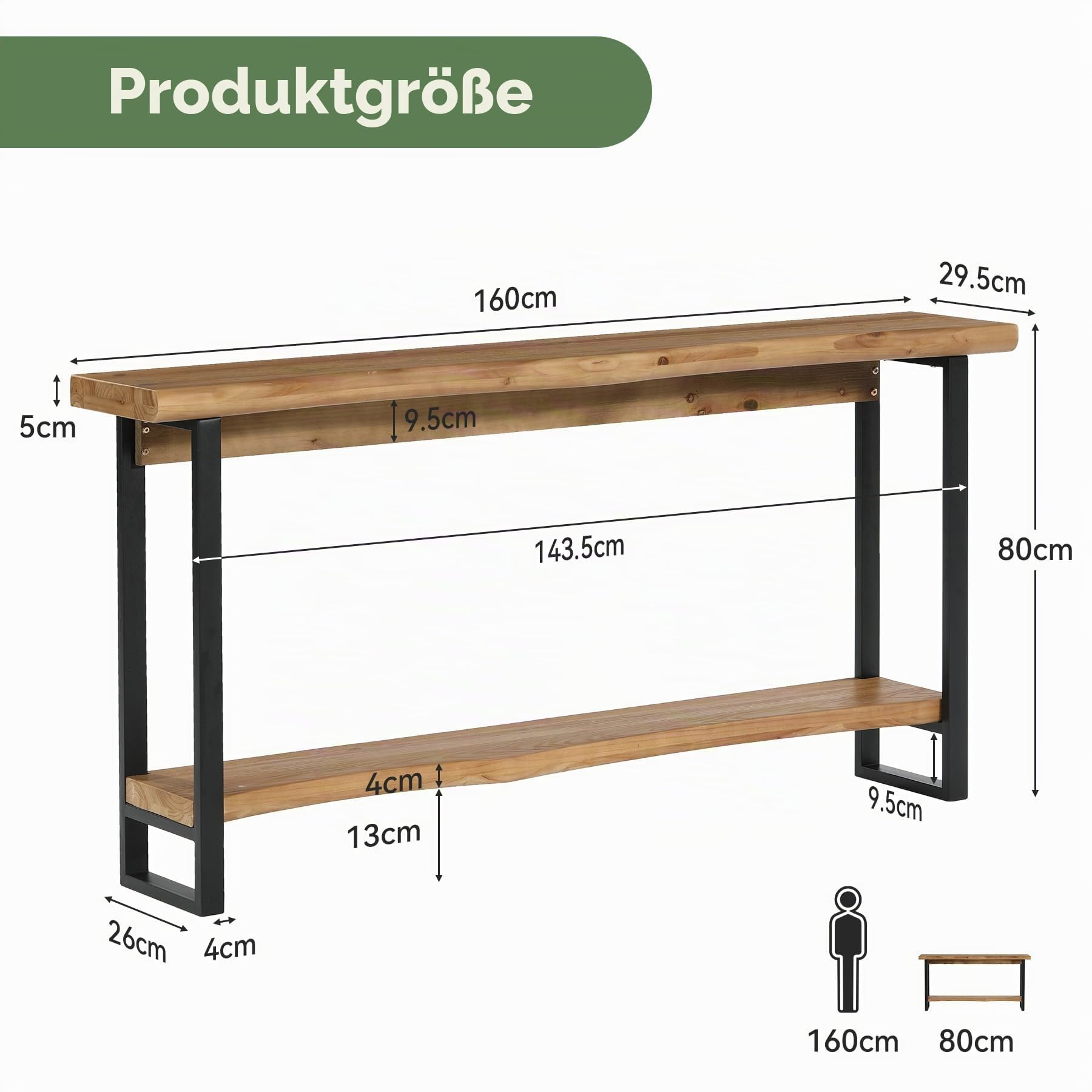 Massivholz Konsolentisch, 160cm Extra Langer Konsolentisch, 2 Stufiger Schmaler Bauernhaus Wohnzimmertisch für Eingangsbereich, Flur, Foyer, Rustikales Braun