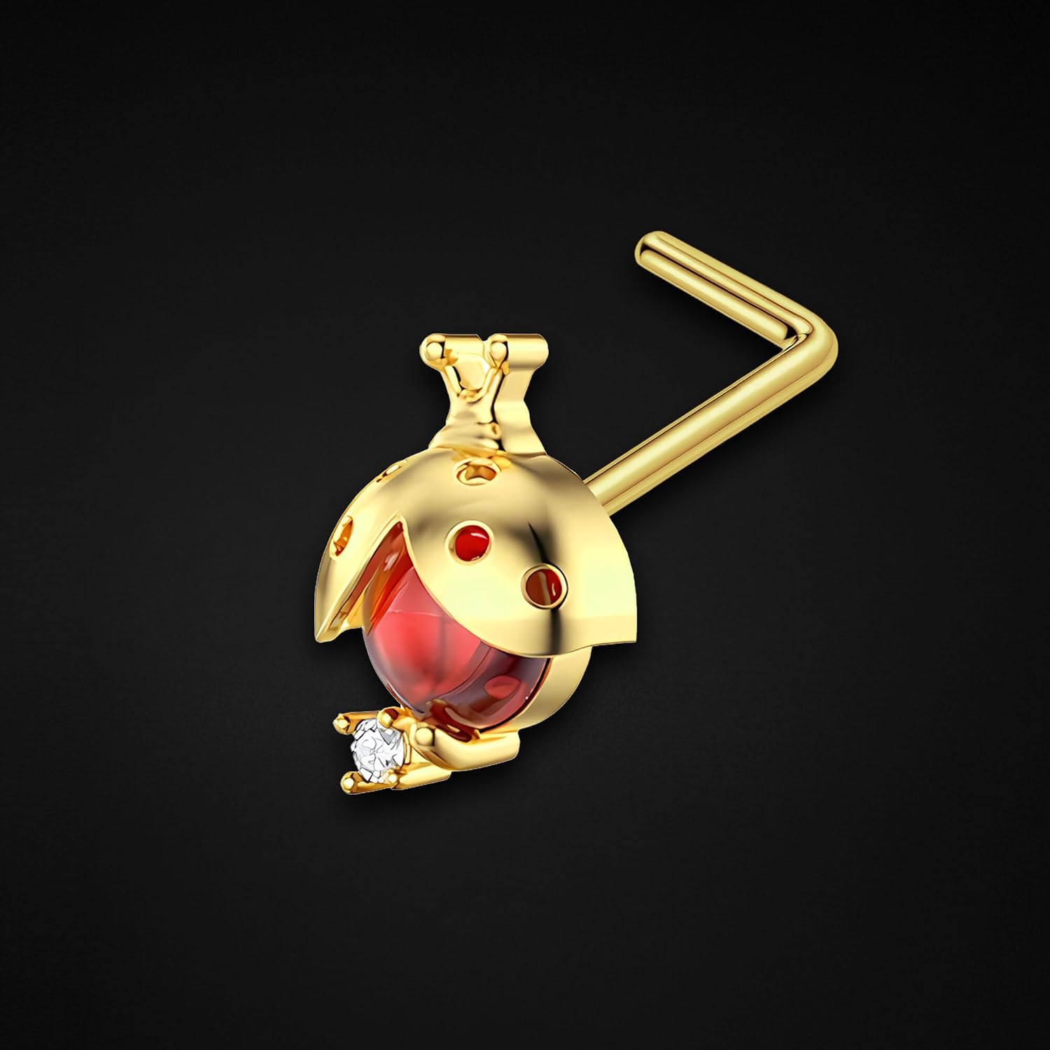 Gold Plated L-Shaped Nose Ring Stud in Ladybug Style with Zirconia, Tiny CZ Nose Pin with L-Post Piercing and L-Bend Ring Jewelry