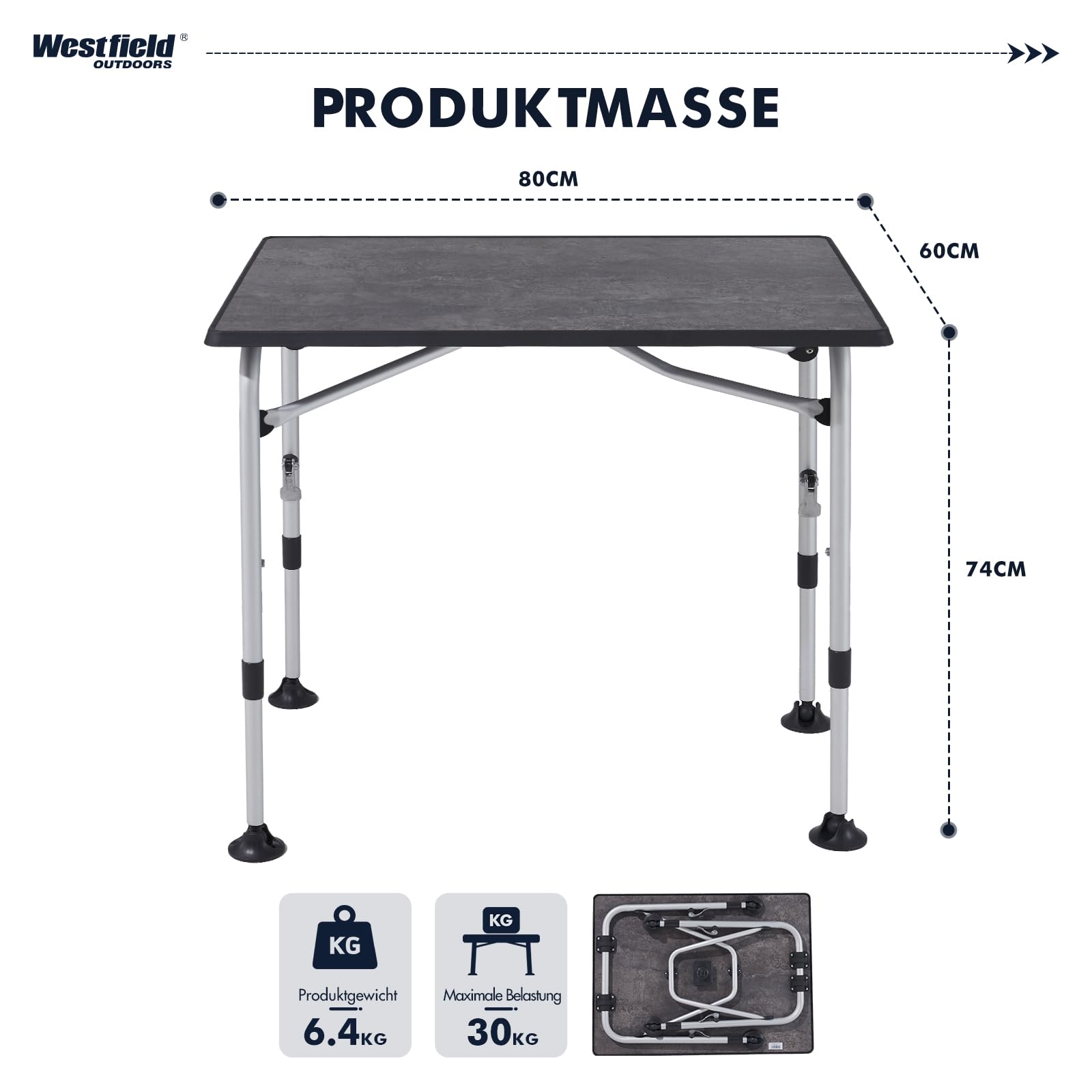 Westfield Outdoors Superb Campingtisch Klappbar Höhenverstellbar Klapptisch für 4-8 Personen, Stabiler Gartentisch Falttisch mit Breiten Standfüßen für Camping, Wohnwagen & Terrasse, Grau