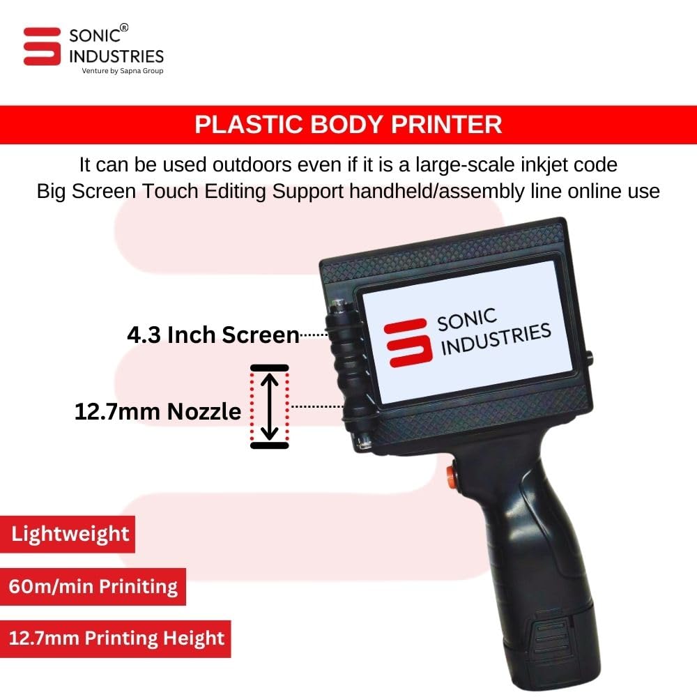 SONIC INDUSTRIES Portable Inkjet Printer for FMCG Product Labeling Handheld Coding Machine with Rechargeable Function for Batch Number MRP Expiry and Barcode Printing on Packaging 1