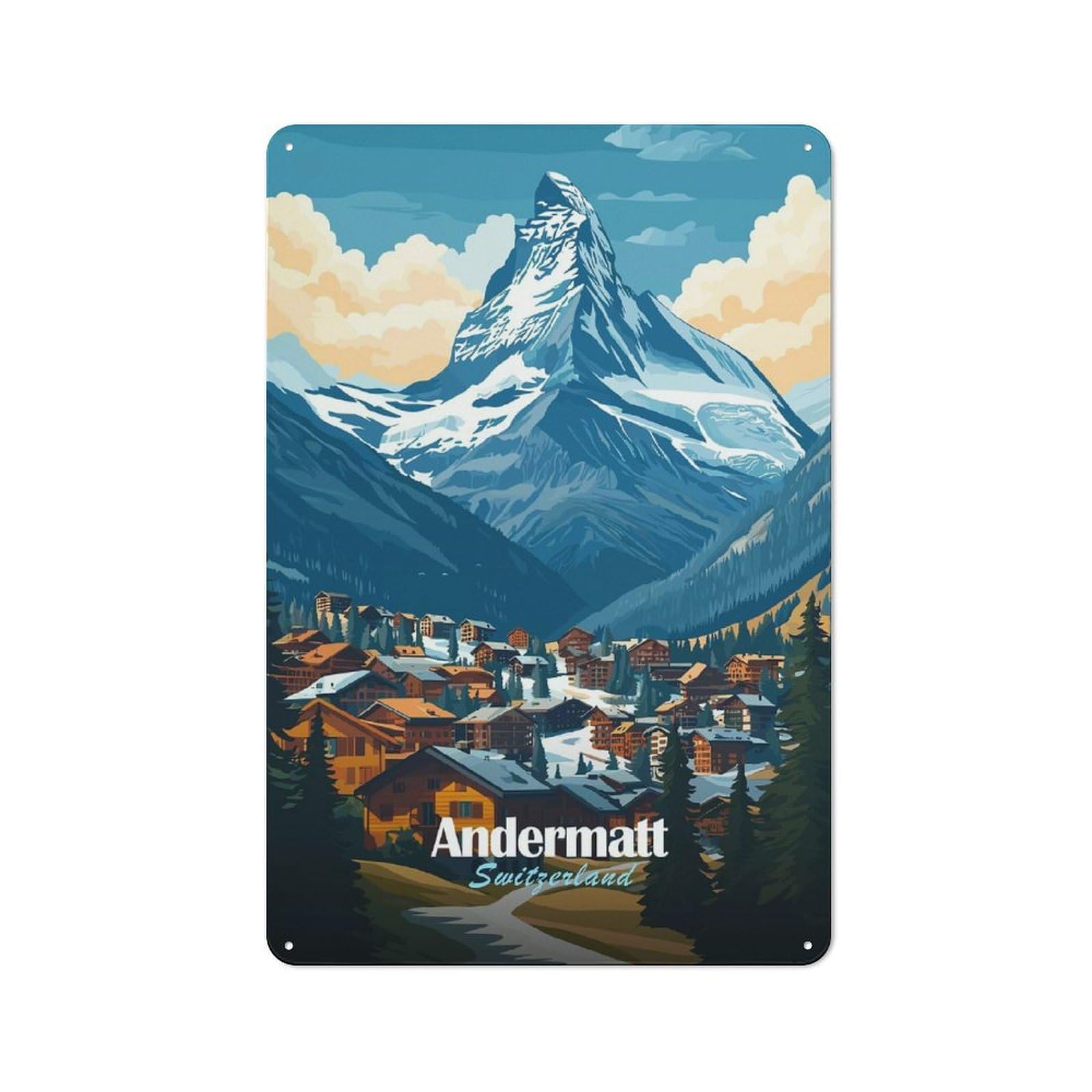 Junmoney Style-11 Andermatt Switzerland Mountain Village Tin Sign 30X20cm, Creative Studio Wall Plaque For Hobby Room, Office, Lounge Or Living Room