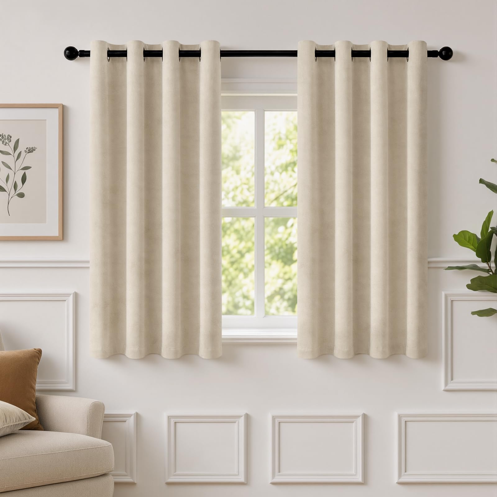 TOPICK Soft Thermal Velvet Curtains Living Room Bedroom Cream Beige W46xL54