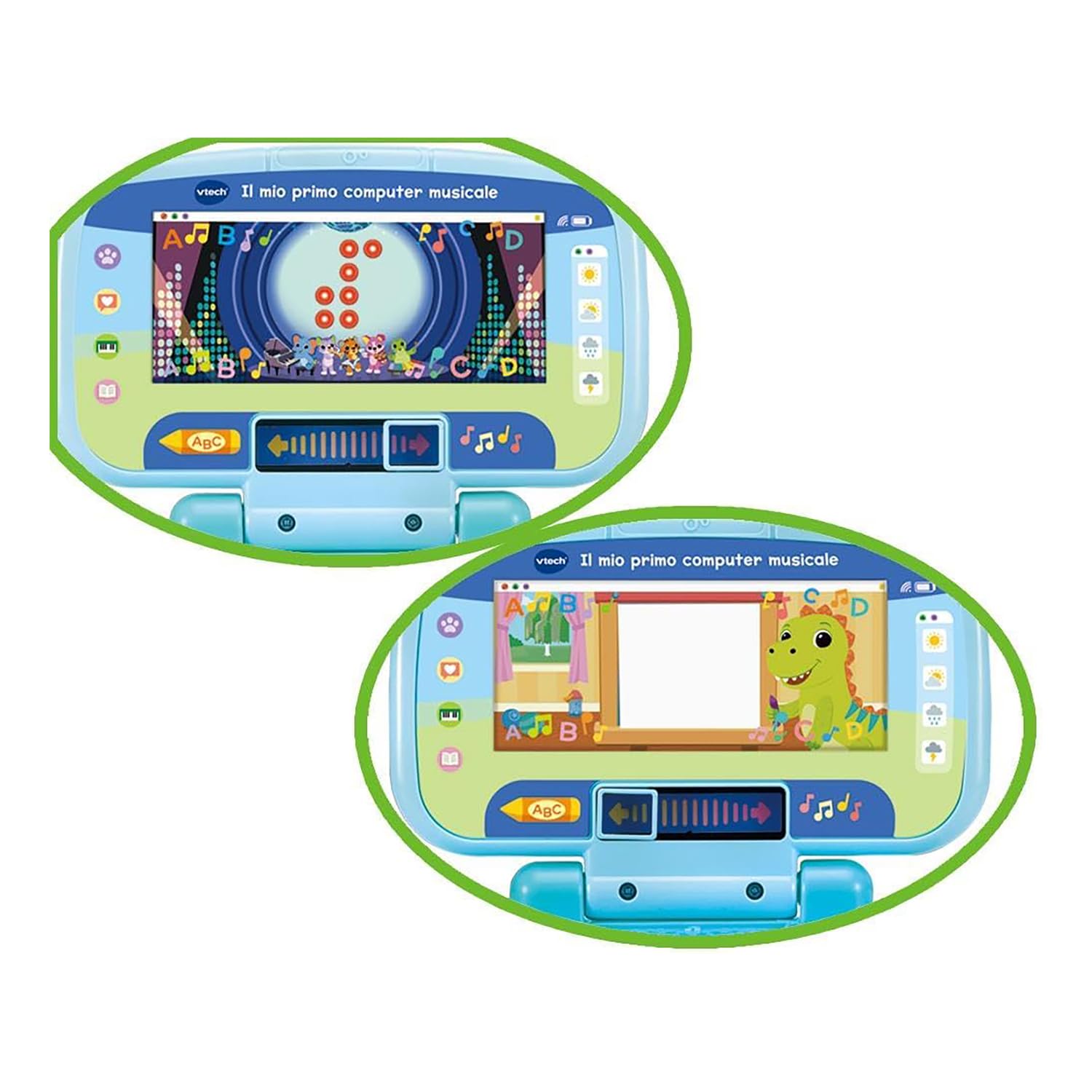 VTech Mój pierwszy komputer muzyczny, interaktywny komputer dla dzieci, komputer z 4 aplikacjami/grami, praktyczny uchwyt, gra dla dzieci z klawiaturą ABC, język włoski, baterie w zestawie, 2-5 lat