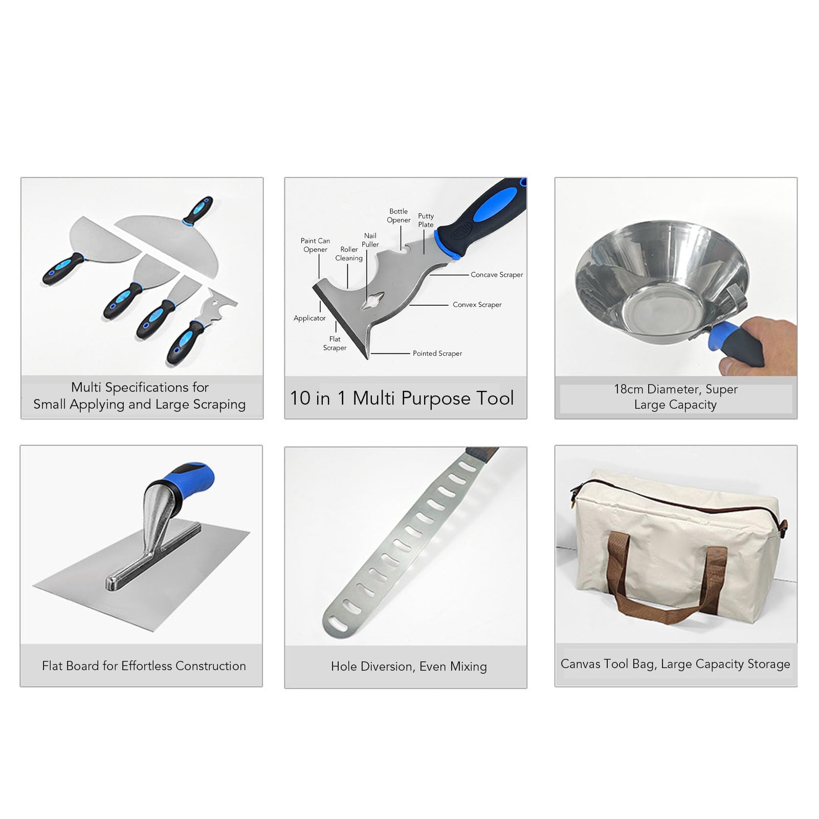 FTVOGUE Kittschaber-Set, Edelstahl-Trockenbauwerkzeuge mit Ergonomischen Griffen und 10-in-1-Multifunktionswerkzeug, für Wandmalerei-Reparatur- und Verputzarbeiten