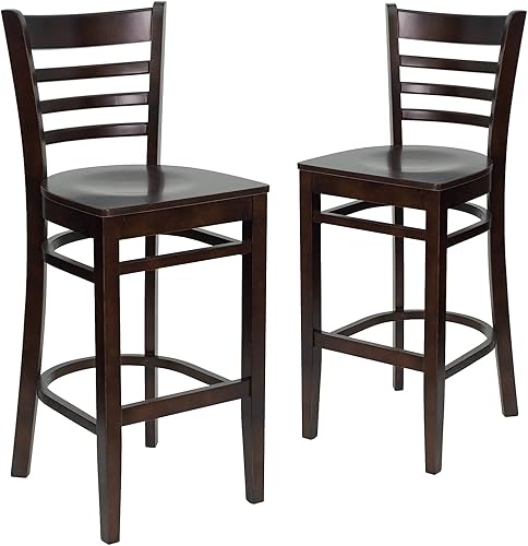 Miniatura 9 de Flash Furniture Taburete de bar de madera de caoba con respaldo de escalera serie HERCULES 2 unidades Asiento de madera de caoba/marco de madera de