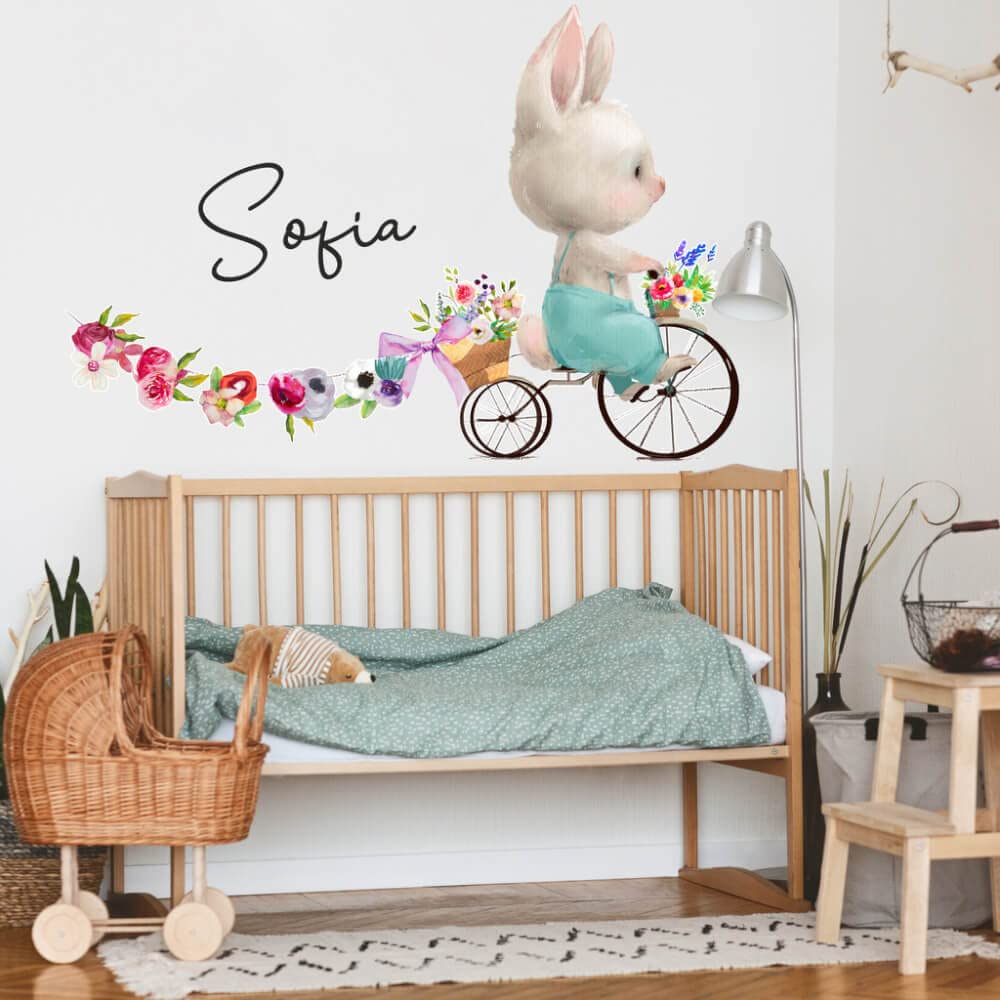 INSPIO Wandsticker mit Namen - Hase mit Blumen