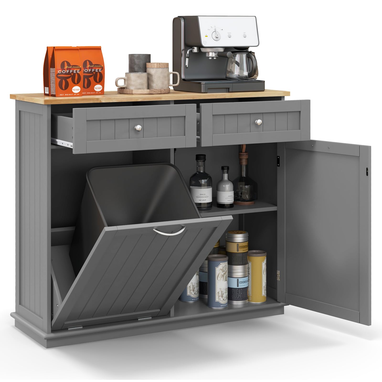 GIANTEX Aparador de Cocina con 2 Cajones y Armario con Puertas, con Espacio para Cubo de Basura, 100 x 35 x 90,5 cm, Mueble de Almacenamiento para Cocina, Comedor, Inodoro (Gris)