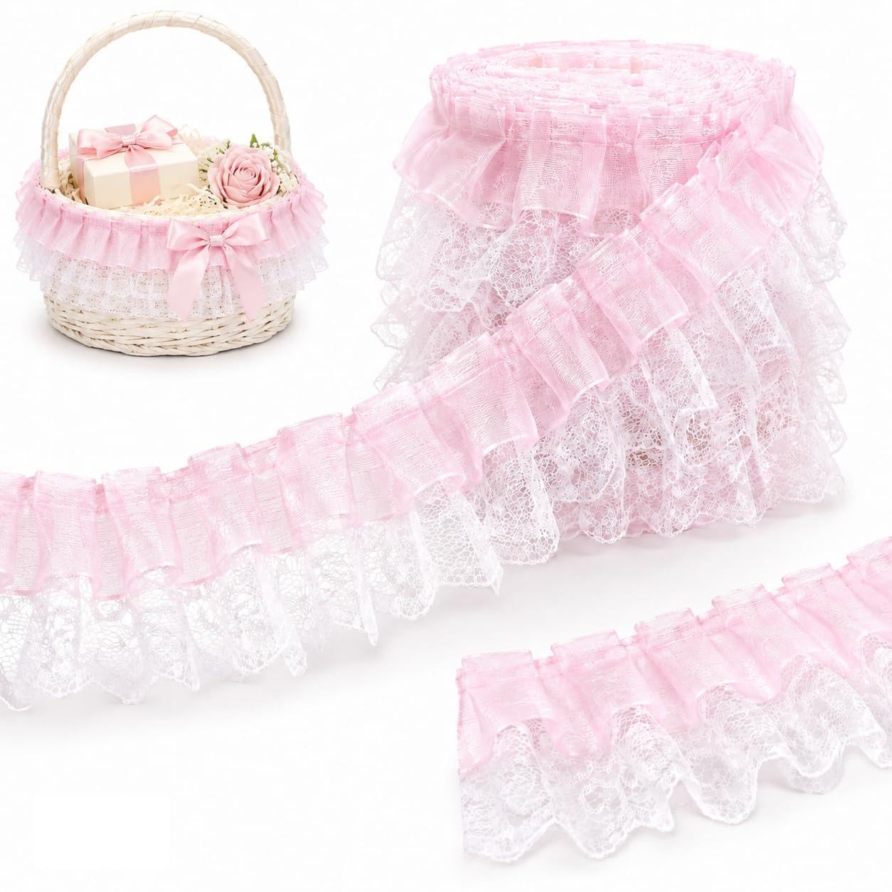 Cctetn 10m Pink Lace Ribbon 5cm Double Layer Pleated Ruffle Sewing Trim