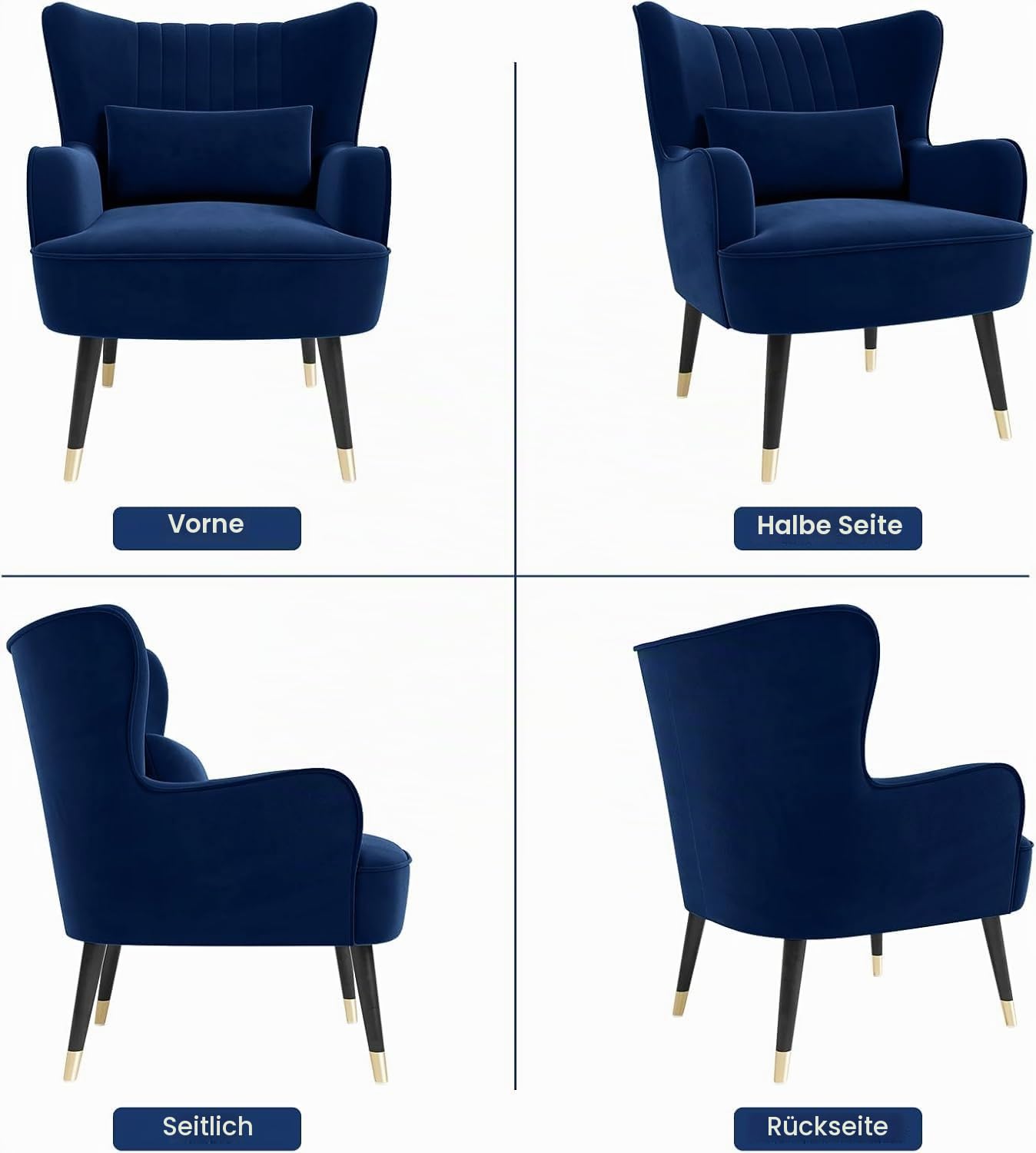 Vesgantti Samt Sessel, Moderne Relaxsessel mit Holzbein, Loungesessel mit Armlehnen, Ohrensessel für Wohnzimmer Schlafzimmer (Blau, Ohne Fußhocker)