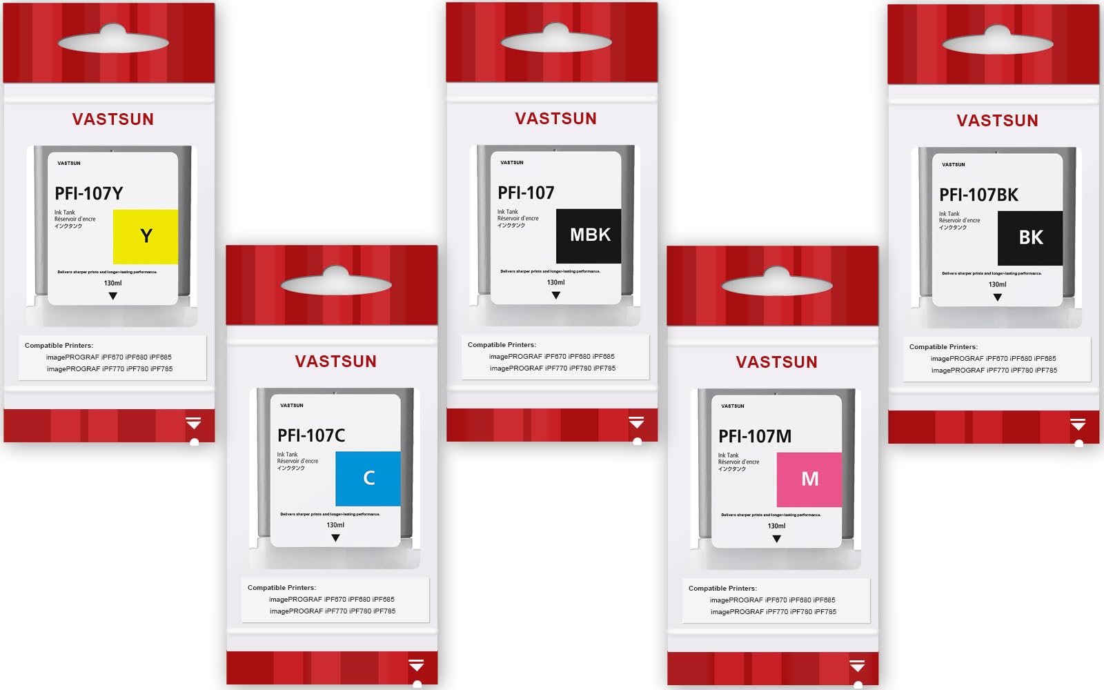 PFI-107 Ink Cartridge 5 Pack Replacement for Canon PFI107 Ink Tank 130ML for imagePROGRAF iPF670 iPF680 iPF685 iPF770 iPF780 iPF785 Printer (PFI-107MBK PFI-107BK PFI-107C PFI-107M PFI-107Y)