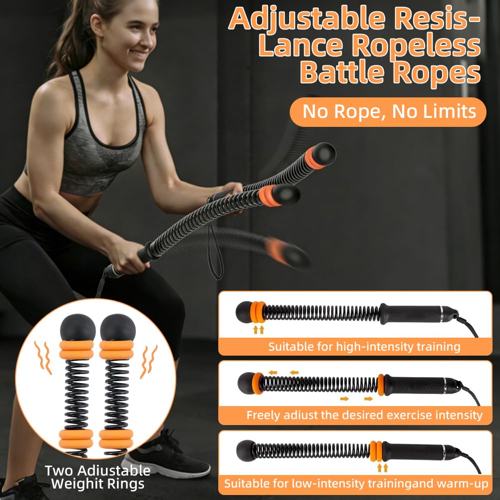 2 cuerdas de batalla sin cuerda para entrenamiento HIIT, cardio, fuerza y bajo impacto, equipo portátil de gimnasio en casa, mango antideslizante, cuerdas de batalla inalámbricas para hombres y