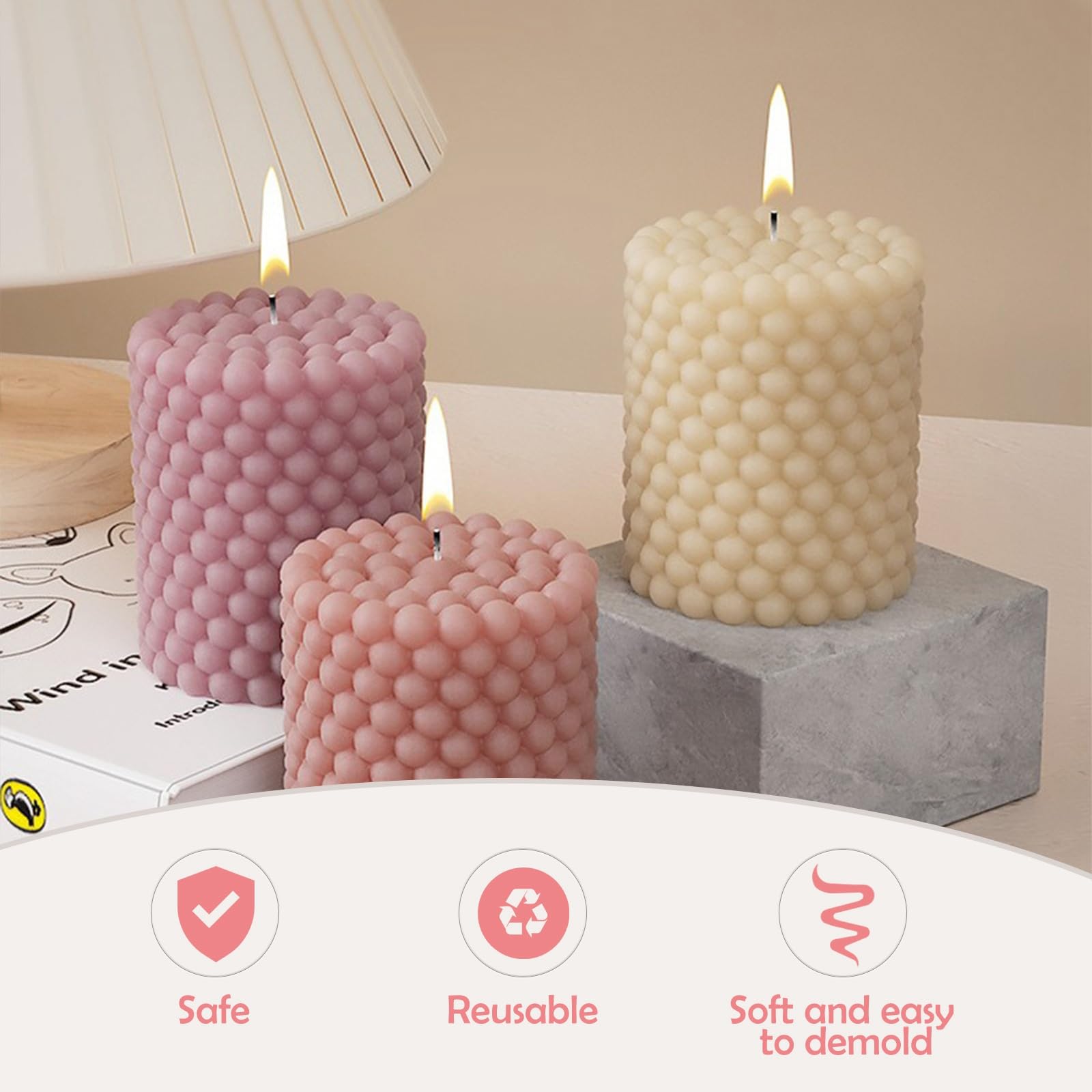 UR URLIFEHALL 3 Pcs 3 Styles Bubble Candle Moulds with Candle Wicks Hexagon Cylinder Silicone Moluds for DIY Candles Soap Aromatherapy Crafts - Image 3