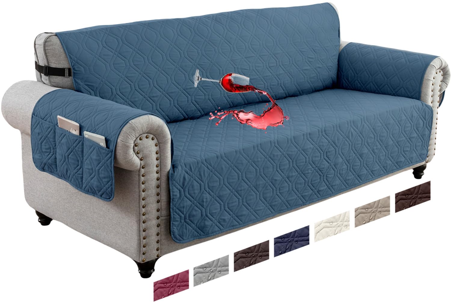 LINGKY Waterproof Sofa Cover 3 Seater Non-Slip Sofa Slipcovers, Reversible Washable Sofa Protectors from Pets & Kids with Elastic Straps Quilted Couch Covers (Blue,3 Seater)