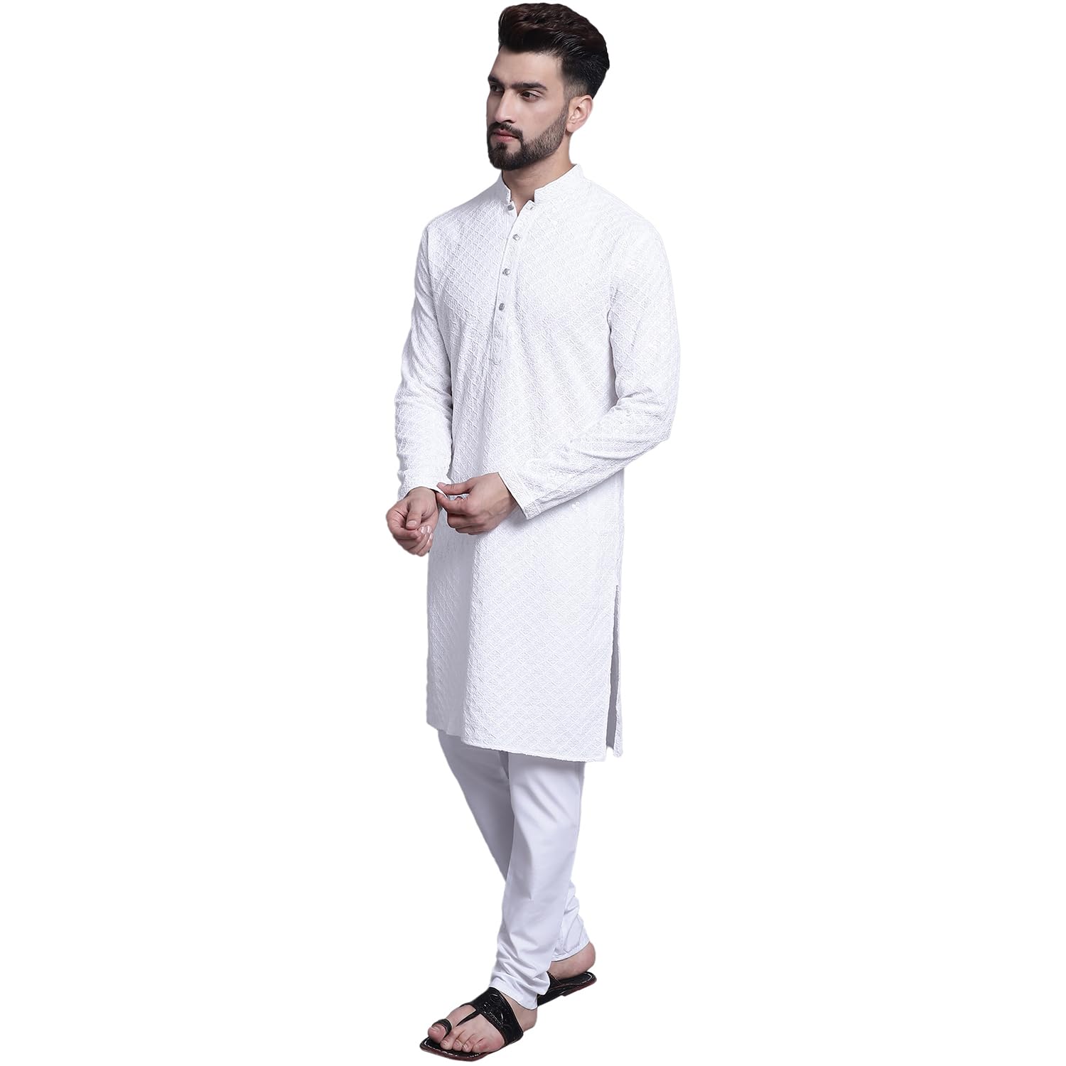 Sojanya (Since 1958 Men's Pure Cotton White Emb 4Booti Sequence Kurta & White Pyjama Set