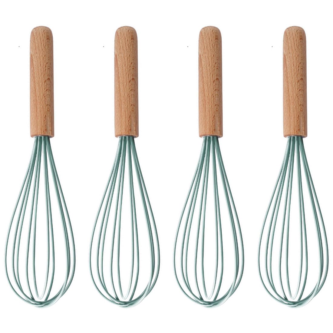 Ousyaah Silicone Whisk (4-Pack), Wooden Handle Manual Kitchen Whisks for Cooking, Classic Balloon Egg Beater Whisks, Suitable for Blending, Whisking, Beating, Frothing and Stirring (Green)