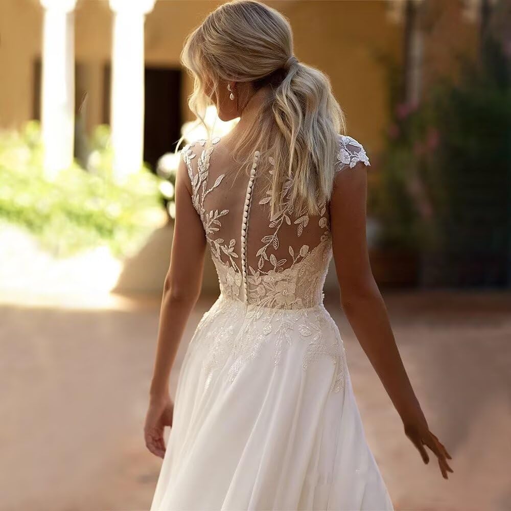 Robe de mariée pour femme avec dentelle - Longue robe de plage bohème avec fente élégante - Ligne A - Robe de mariage