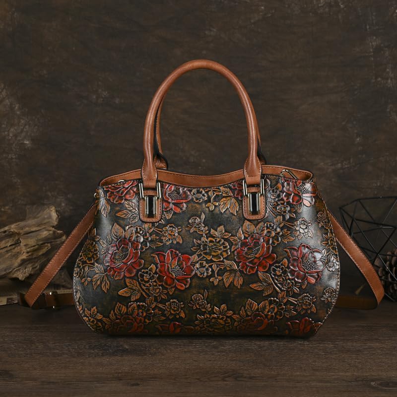 Women's Genuine Leather Top Handle Satchel Handbag Retro Pattern Crossbody Flower Embossed - Image 3