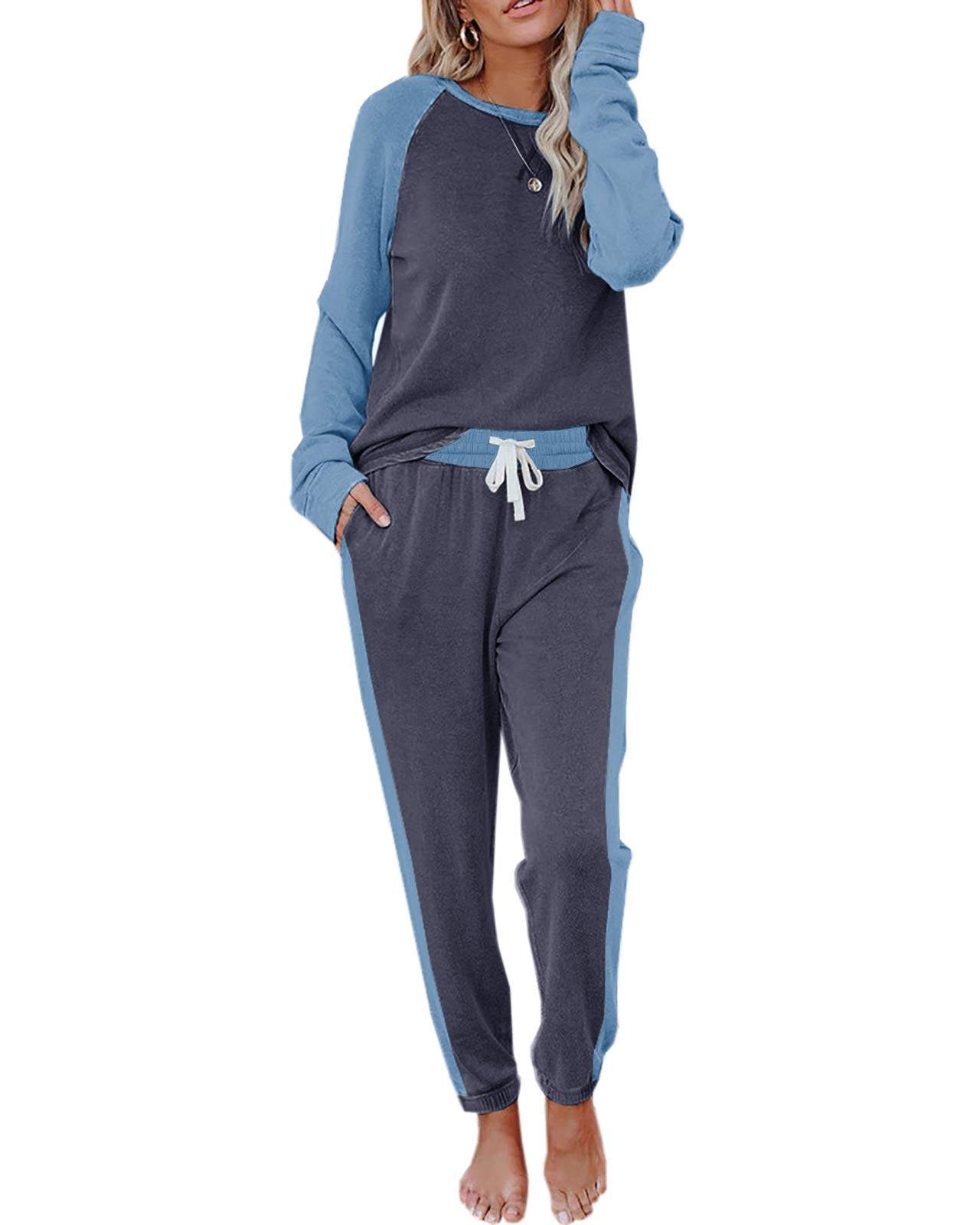 Women's 2 Piece Outfits Set Color Block Long Sleeve Pullover and Drawstring Sweatpants Loose Sweatsuit Sets Navy