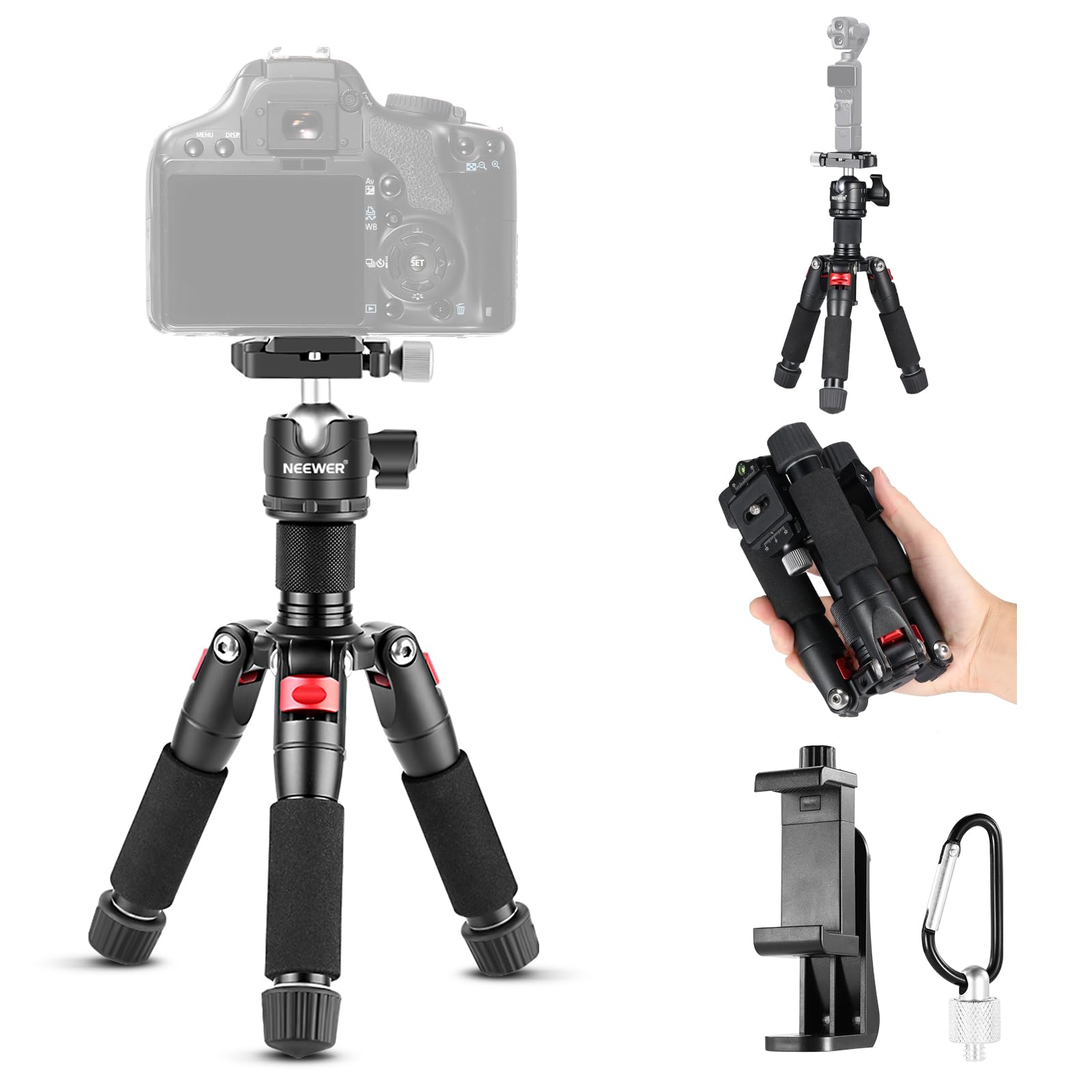 NEEWER Mini statyw do kamery biurkowej z uchwytem na telefon komórkowy, kompatybilny z iPhone'em do nagrywania wideo, mały, przenośny stojak na kamerę DSLR, głowica kulowa 360°, płyta QR 1/10.2 cm