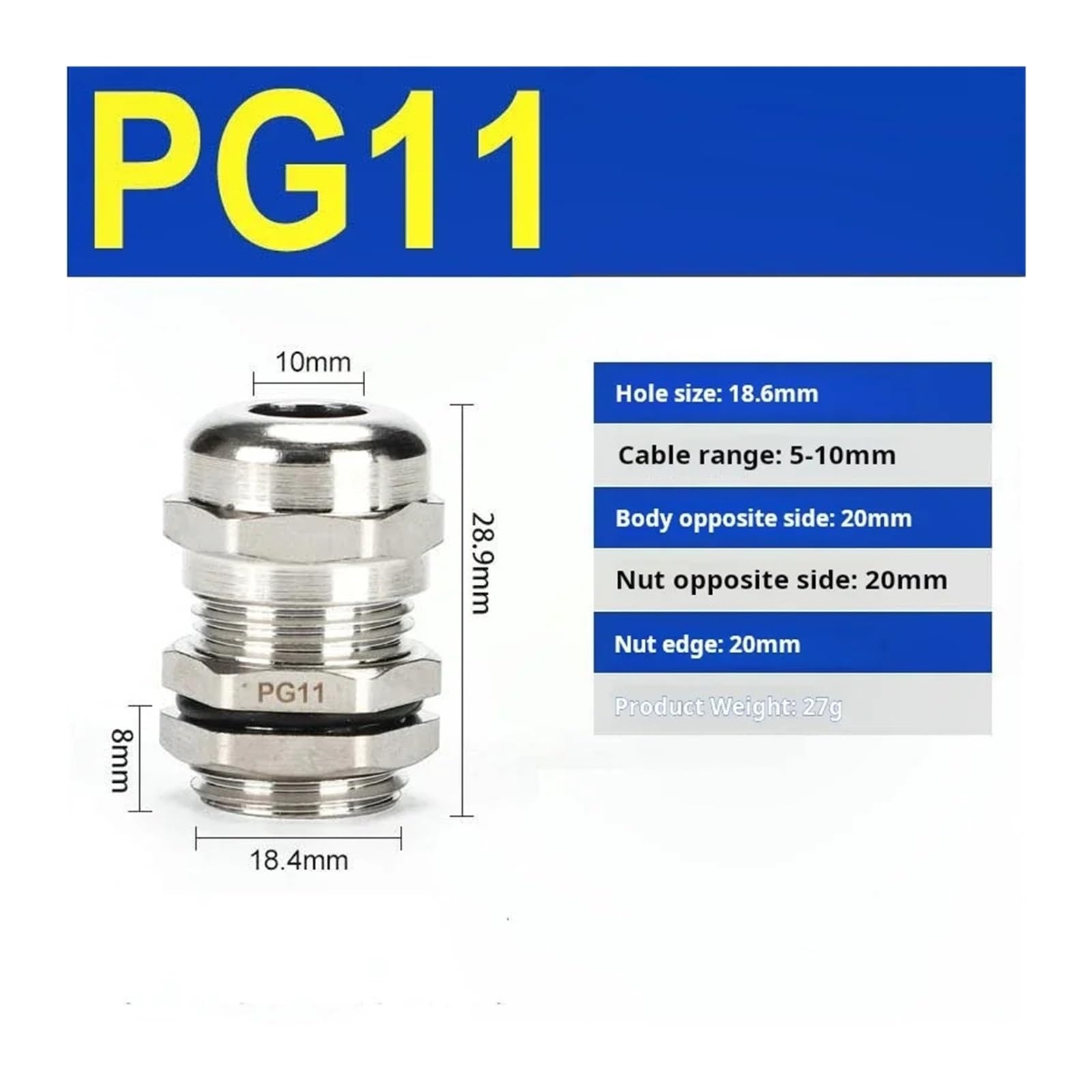 10 stücke Edelstahl IP68 PG7 PG9 PG11 M6 M8 M10 M12 Kabelverschraubung for 1mm-14mm draht Kabel Metall Wasserdichte Kabelverschraubung Stecker(PG11)
