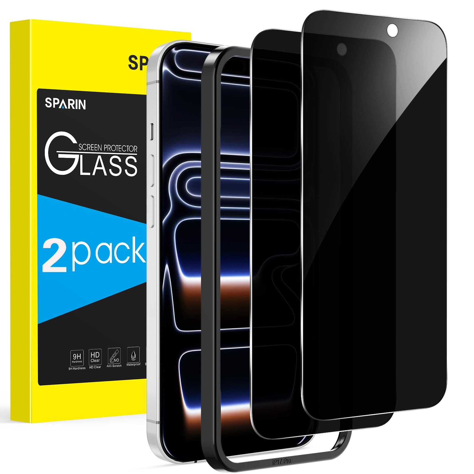 SPARIN Sichtschutz für iPhone 17/17 Pro, mit Montagerahmen, Anti-Spy Sichtschutzfolie, 9H Härte Glas Folie, Kratzfest, 6,3 Zoll, 2 Stück