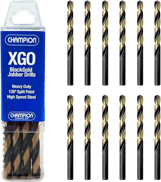 Champion Cutting Tool Heavy Duty Drill Bit Set with Black and Gold Surface Treatment (#30) - 12 PCS - 135 Degree Split Point, Drill bits For Metal, Stainless Steel, High Tensile Alloy Steels
