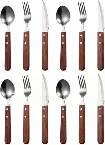 Creative Two Nail - Juego de cubiertos cuadrados de madera para 4 personas, cuchillos de carne de acero inoxidable 304, tenedores y cucharas,