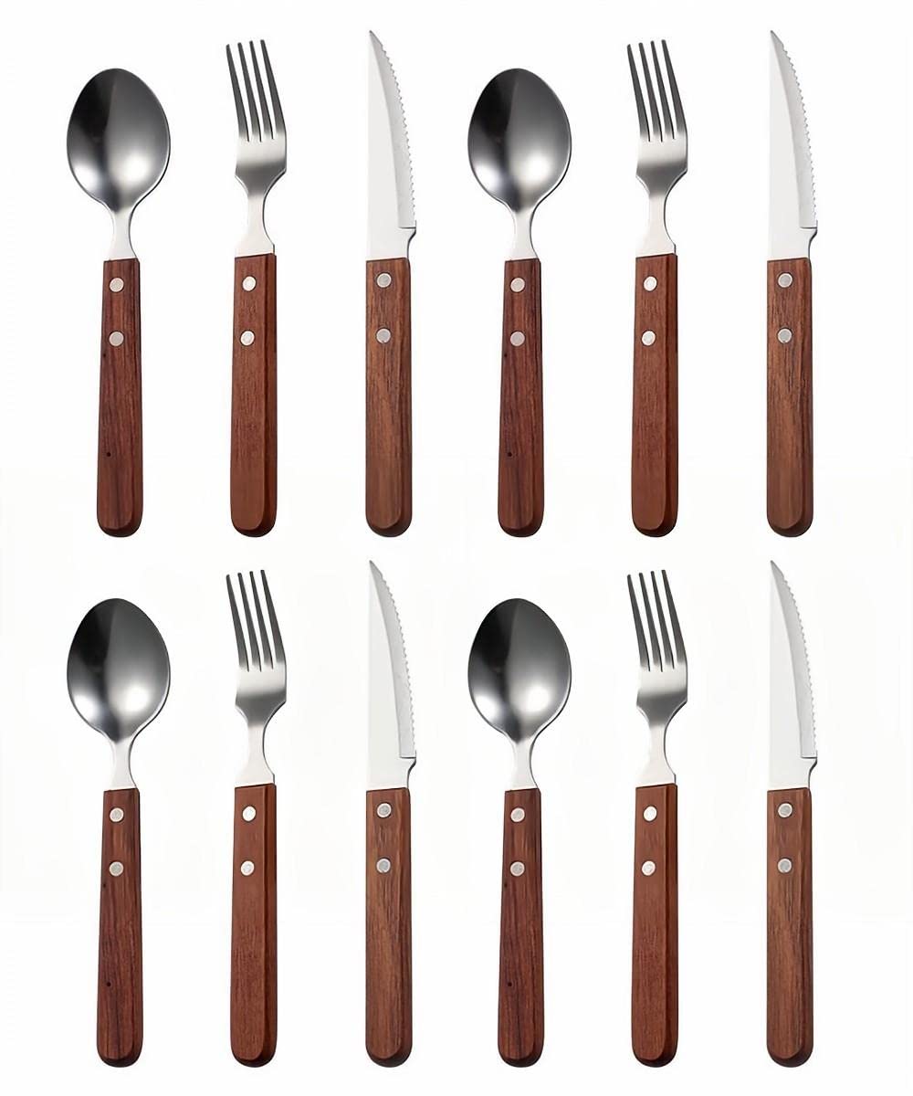 Creative Two Nail Square Wooden Handles 12 Pieces - Silverware Cutlery Set for 4 People, 304 Stainless Steel Steak Knives, Forks And Spoons Three Piece Cutlery - Dishwasher Safe (Wooden handle A)