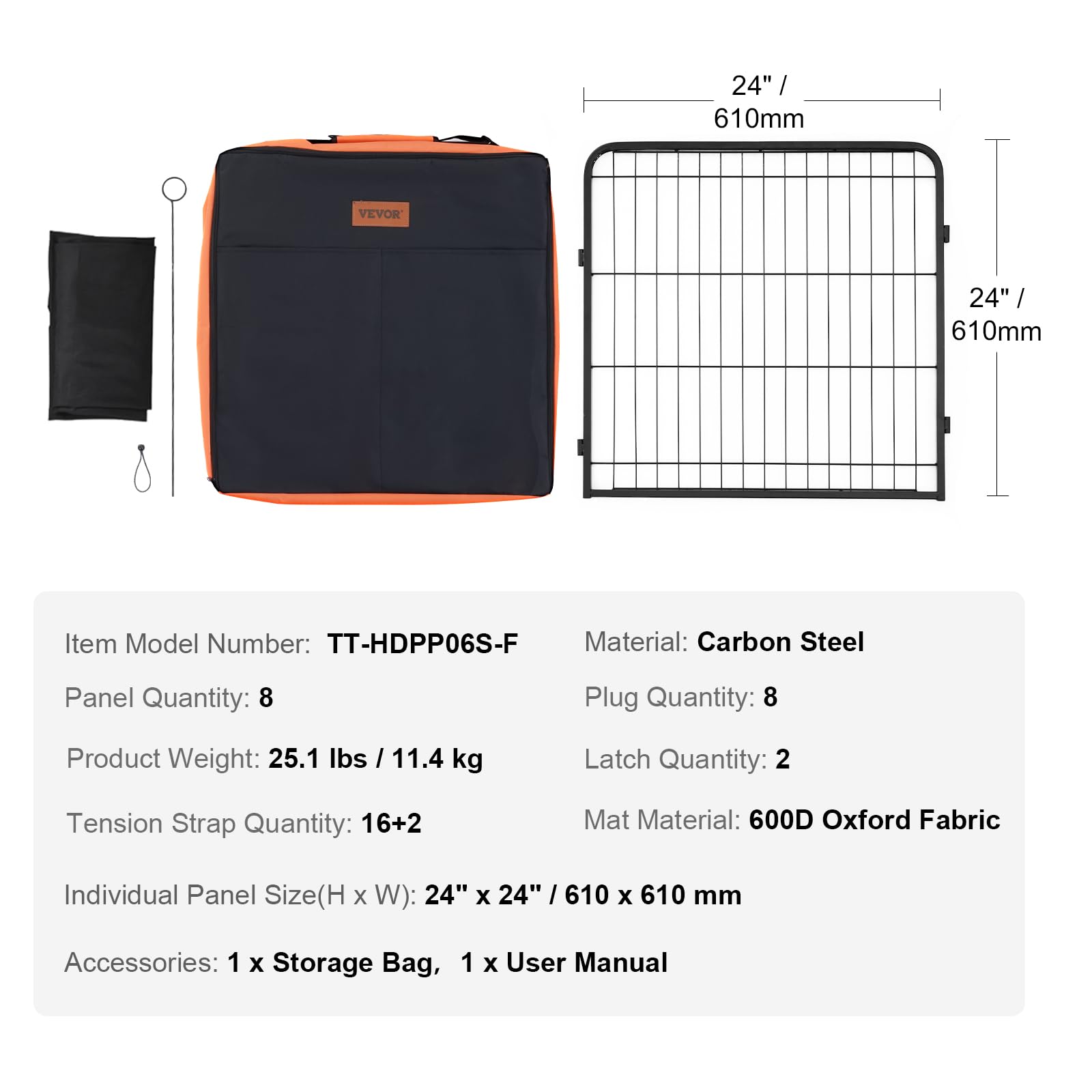 VEVOR Parque de Juegos para Perros 8 Paneles de 610 x 610 mm, Corral de Ejercicios de Metal Plegable para Mascotas con Puerta, Bolsa de Almacenamiento y Almohadilla Inferior para Perros, Gatos