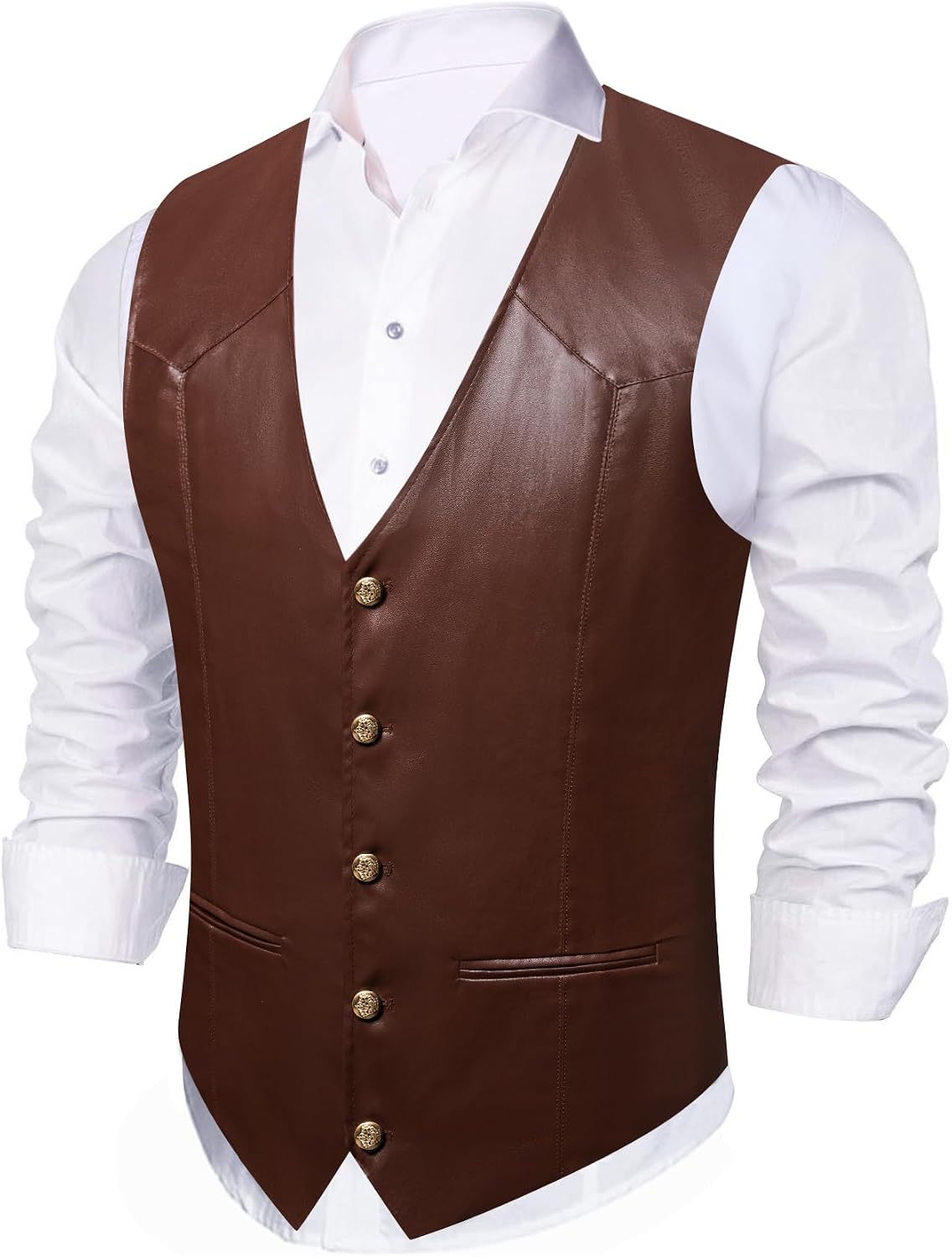 Barry.Wang Mens Leather Vests Casual Western Cowboy Vest V-neck Jacket Lightweight Waistcoat