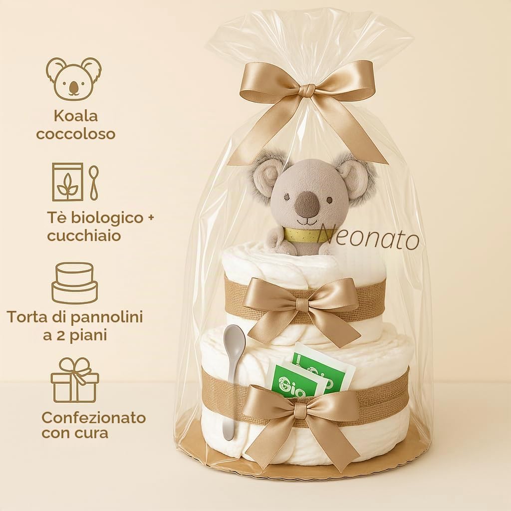 Torta di pannolini per bambine e ragazzi con koala – Boho Vintage [fatto a mano] – Regalo per la nascita con manico koala, pannolini premium e tè biologico, torta di pannolini neutra e per baby shower