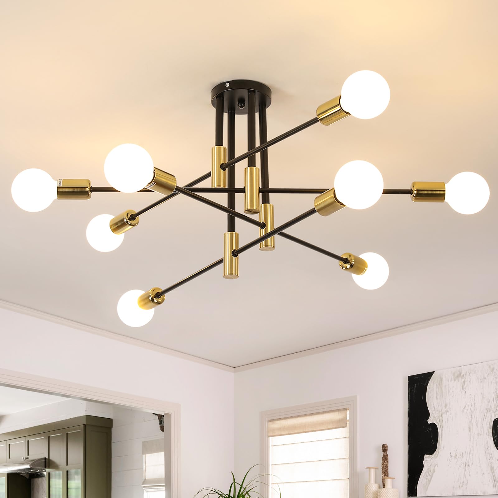 Toolight Lamparas de Techo Industrial 90CM, 8-luz Lámpara de Techo Salon e27, Lampara Techo para Comedor Dormitorio Salón Cocina, Negro y Dorado (Sin Bombilla)