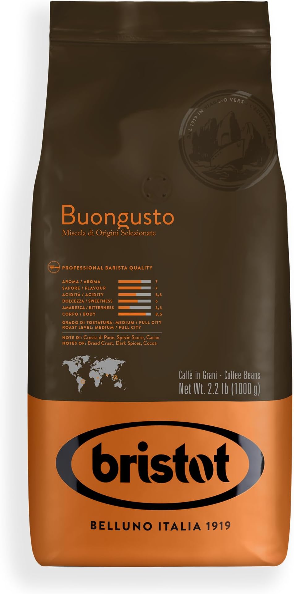 Bristot Buongusto Italian Espresso Whole Bean Coffee Blend