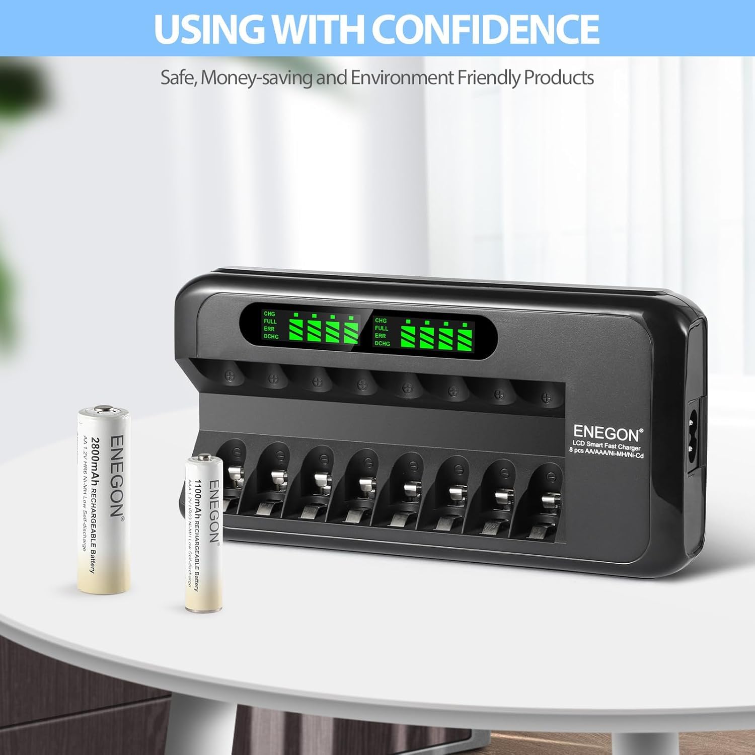 ENEGON Akkuladegerät, Schnell Akku Ladegerät mit AC-Adapter und intelligentem LCD-Display, Unabhängiges 8-Ladeplatz Batterieladegerät für NI-MH NI-CD Wiederaufladbare AA AAA Batterien