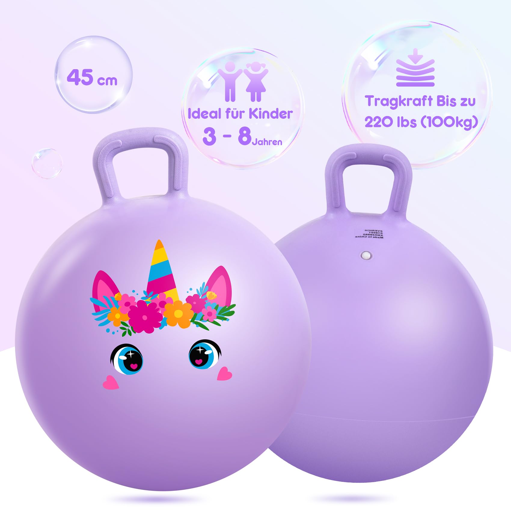 INPODAK Violett Einhorn Hüpfball für Kinder rutschfest Space Hopper 100 KG Belastbar Sprungball mit Griff Aufblasbarer Hopper Ball mit Pumpe 18 Zoll Hüpfball für Kinder 3-8Jahre Drinnen & Draußen