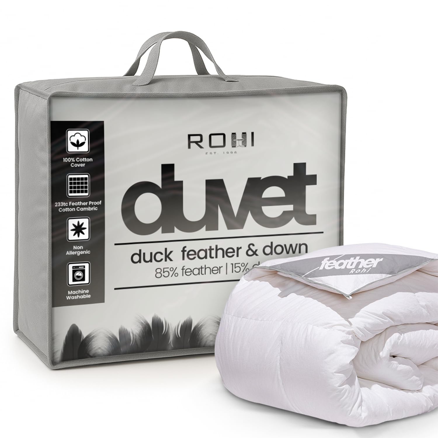 Rohi White Luxurious Duck Down Feather Quilted 13.5 Tog Super King – 100% Cotton Cover – Hypoallergenic Down Proof Duvet – Warmth Without Weight