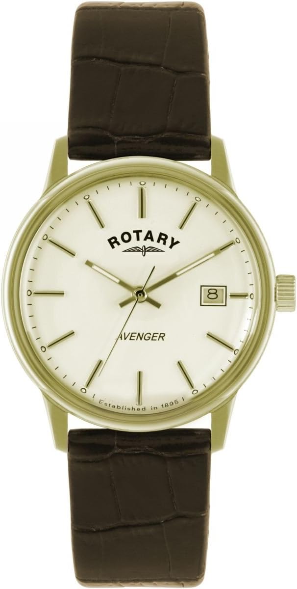 Gents Mens Gold Tone Rotary Avenger Quartz Battery Watch on Brown Leather Strap with Date. GS02876/03