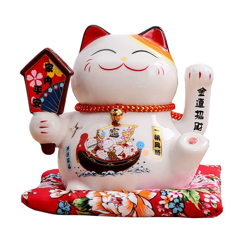 XIYUAN 7 Inch Waving Cat - Ceramic Japanese Lucky Cat, Feng Shui Decorative Desktop Ornament for Home or Office